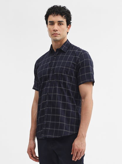 Navy Blue Checked Smart Fit Semi Casual Shirt | Greenfibre