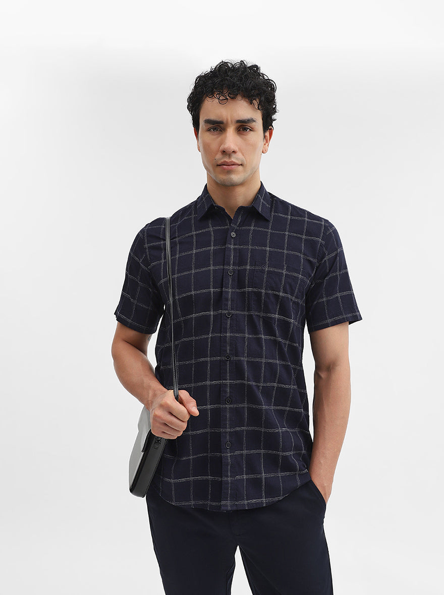 Navy Blue Checked Smart Fit Semi Casual Shirt | Greenfibre