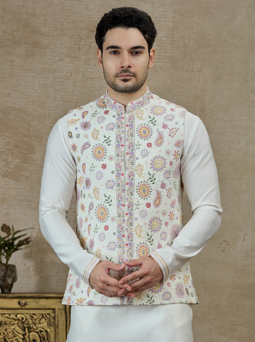 Cream & Pink Printed Kurta Pajama with Koti | Virasana