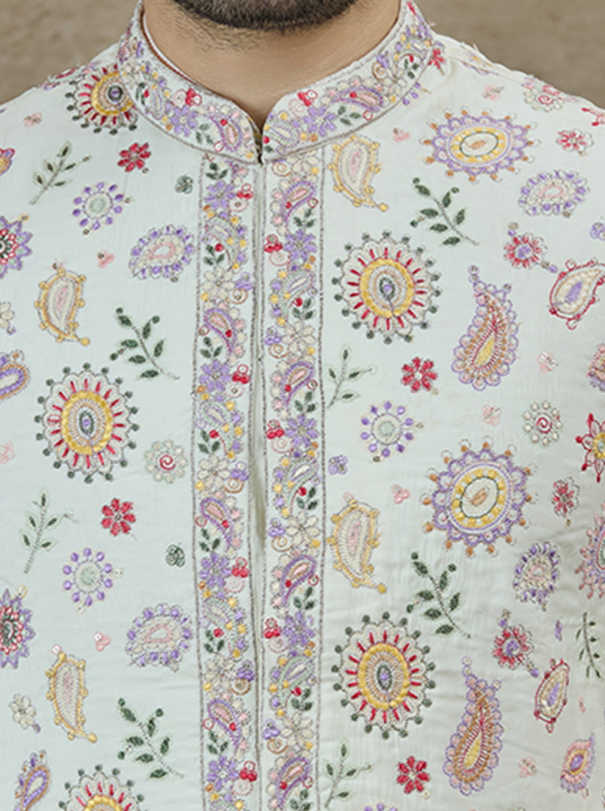 Cream & Pink Printed Kurta Pajama with Koti | Virasana