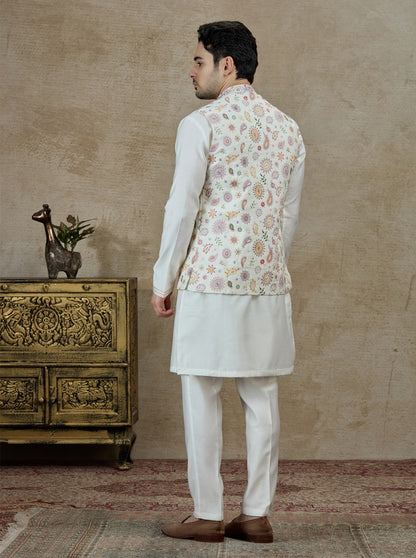 Cream & Pink Printed Kurta Pajama with Koti | Virasana