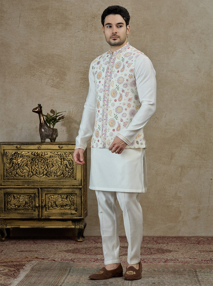 Cream & Pink Printed Kurta Pajama with Koti | Virasana