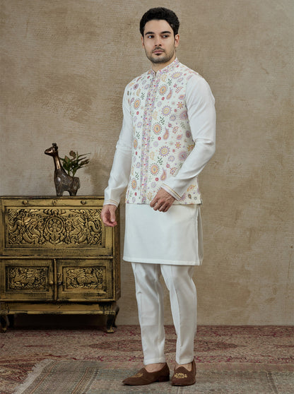 Cream & Pink Printed Kurta Pajama with Koti | Virasana