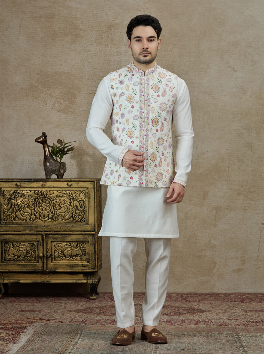 Cream & Pink Printed Kurta Pajama with Koti | Virasana