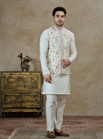 Cream & Pink Printed Kurta Pajama with Koti | Virasana