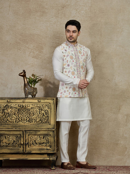 Cream & Pink Printed Kurta Pajama with Koti | Virasana