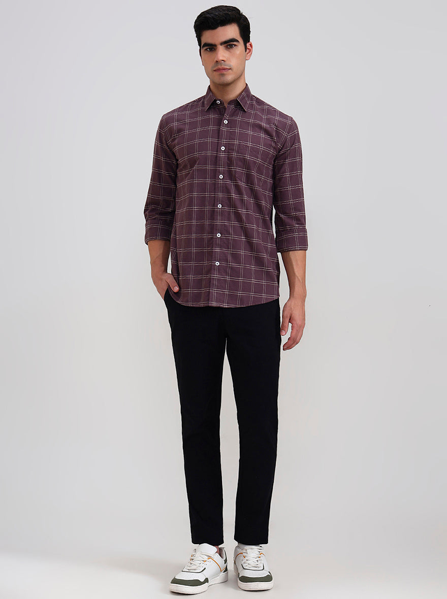 Chocolate Checked Tailored Fit Semi Casual Shirt | JadeBlue
