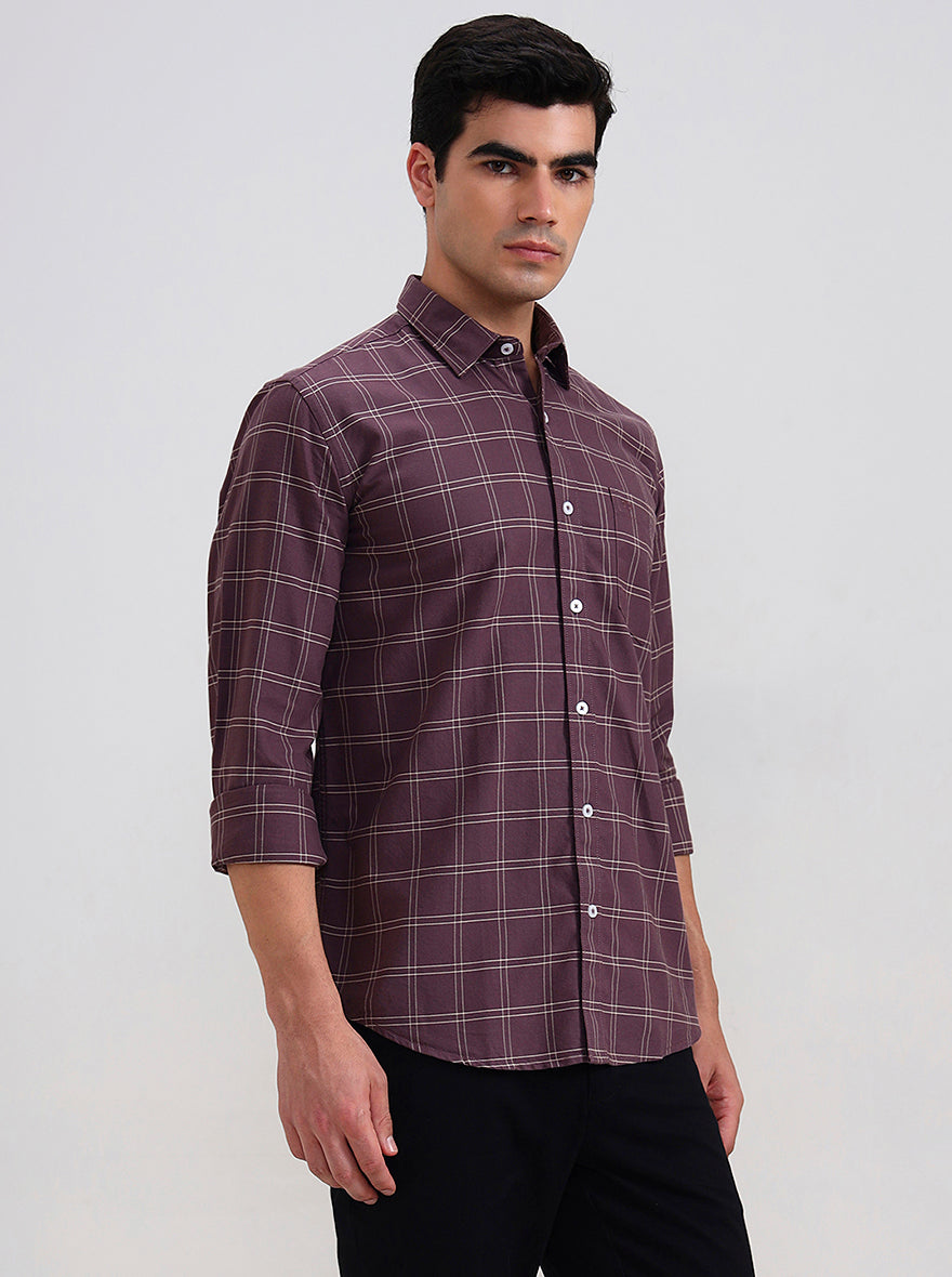 Chocolate Checked Tailored Fit Semi Casual Shirt | JadeBlue
