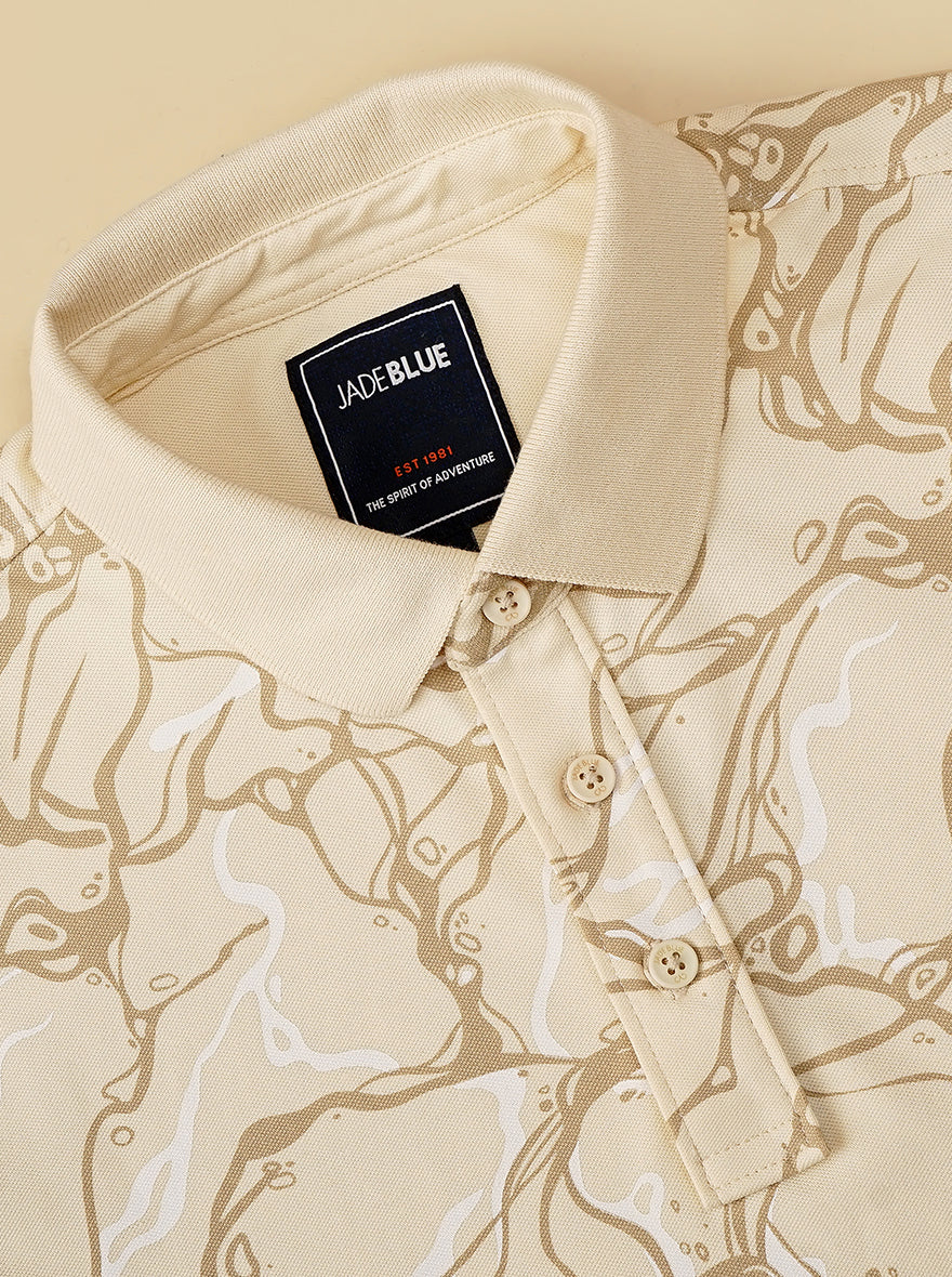 Cream Printed Slim Fit Polo T-Shirt | JadeBlue