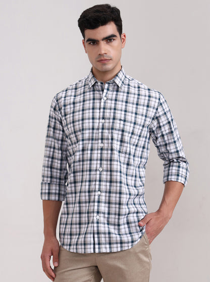 Teal Blue Checked Tailored Fit Semi Casual Shirt | JadeBlue