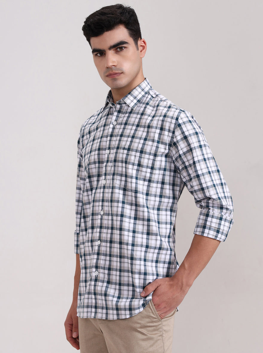 Teal Blue Checked Tailored Fit Semi Casual Shirt | JadeBlue