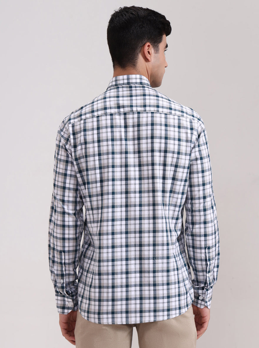 Teal Blue Checked Tailored Fit Semi Casual Shirt | JadeBlue