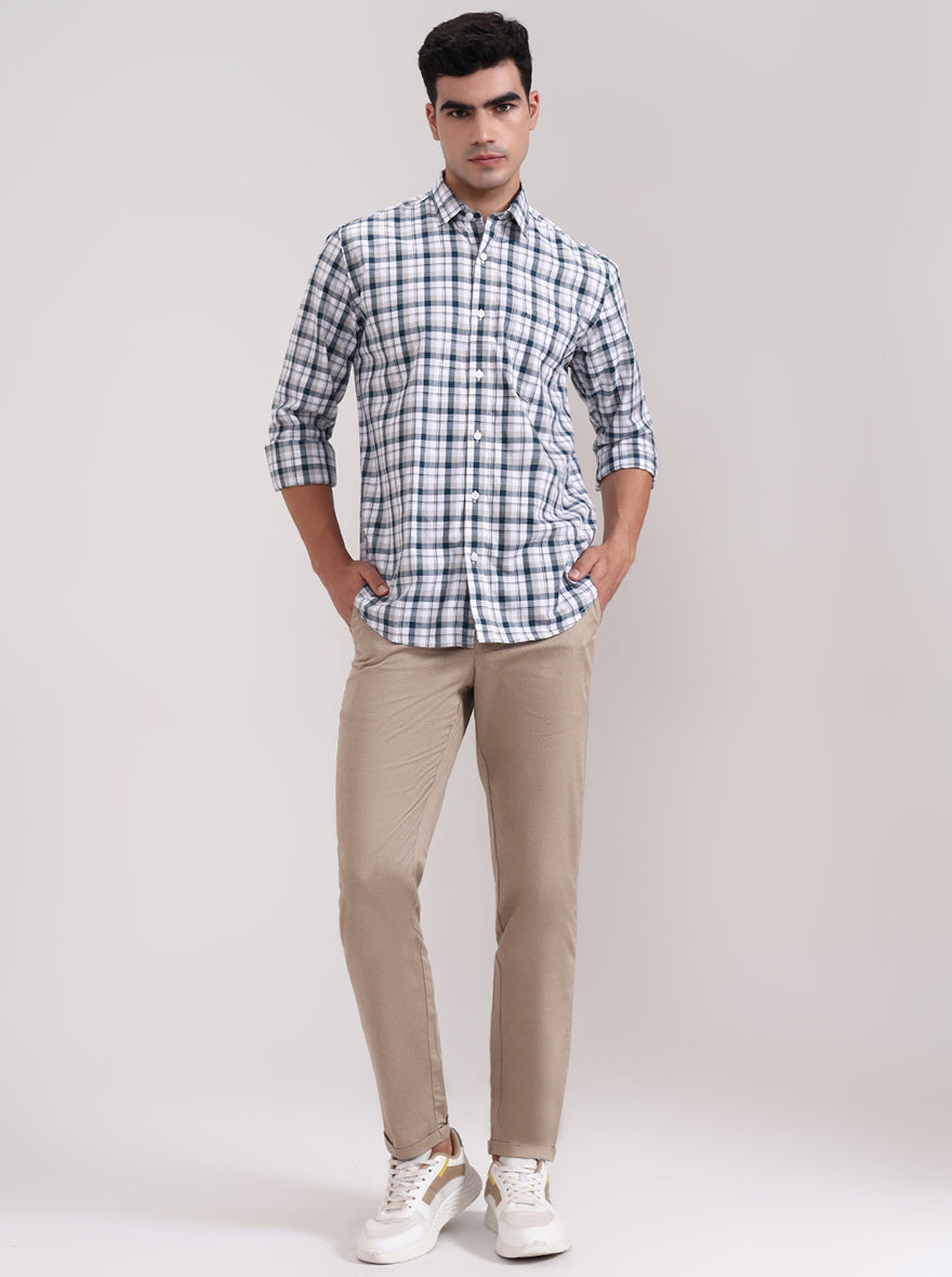 Teal Blue Checked Tailored Fit Semi Casual Shirt | JadeBlue