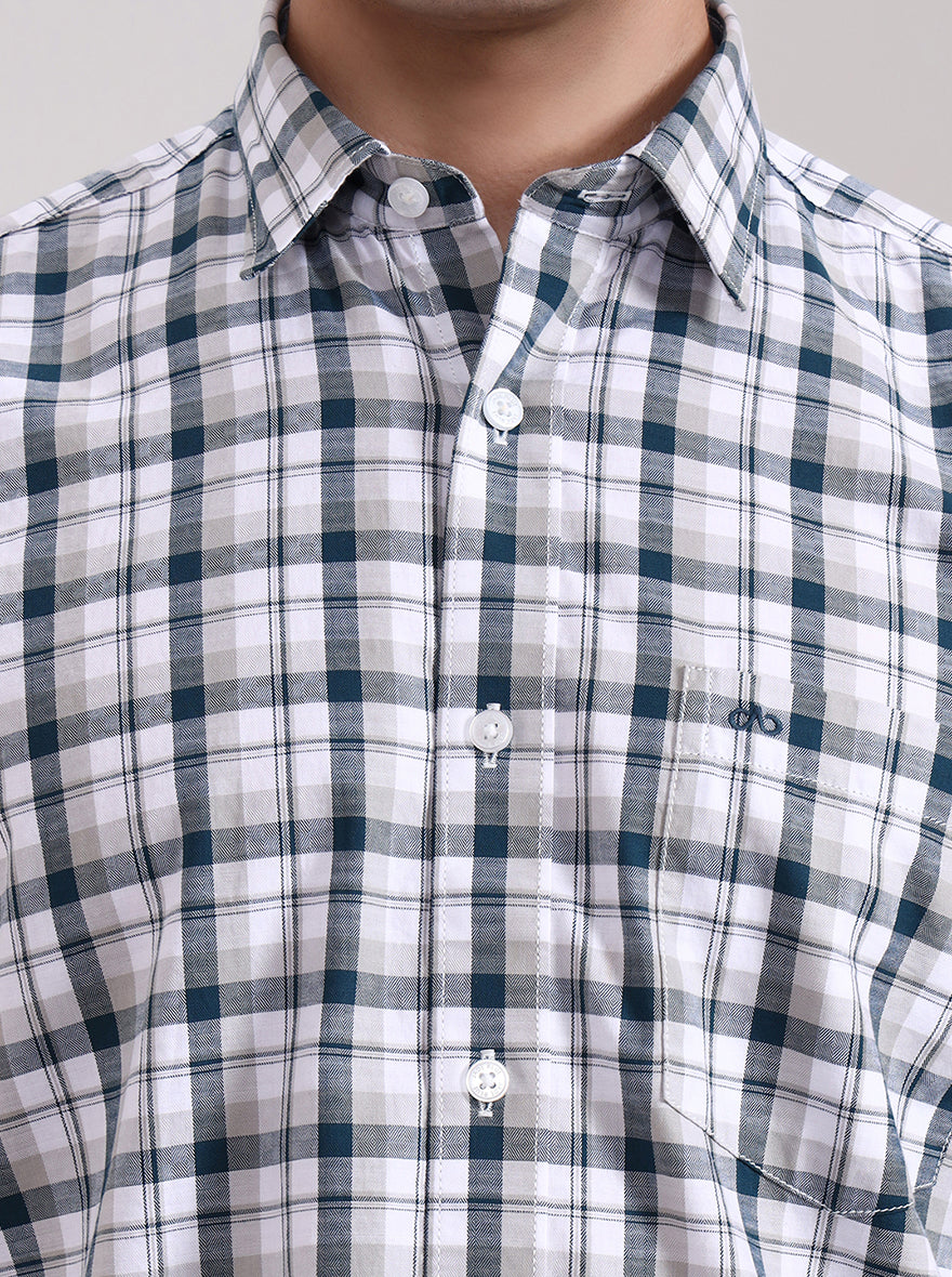 Teal Blue Checked Tailored Fit Semi Casual Shirt | JadeBlue