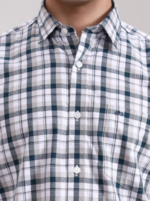 Teal Blue Checked Tailored Fit Semi Casual Shirt | JadeBlue