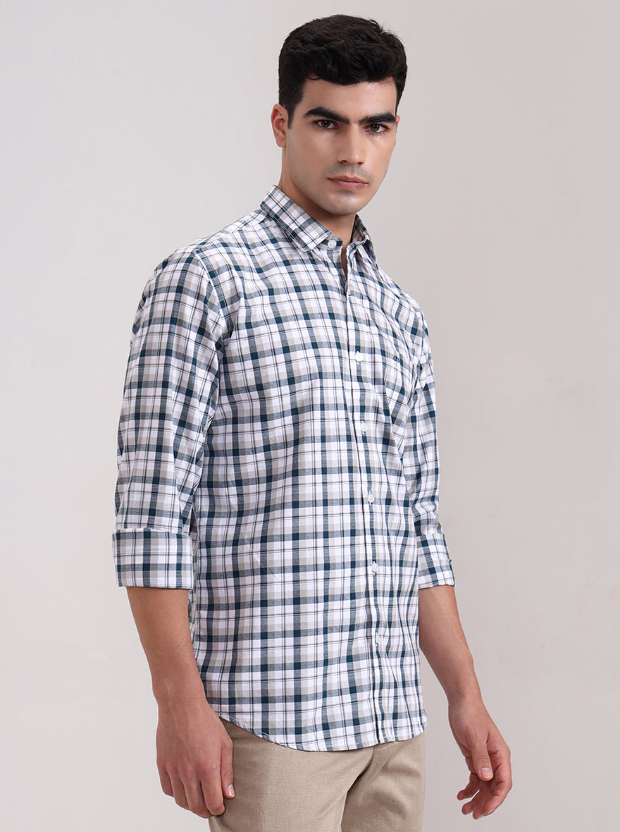 Teal Blue Checked Tailored Fit Semi Casual Shirt | JadeBlue