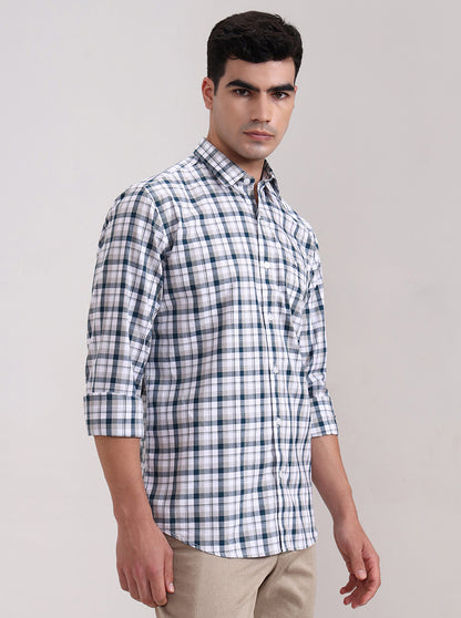Teal Blue Checked Tailored Fit Semi Casual Shirt | JadeBlue