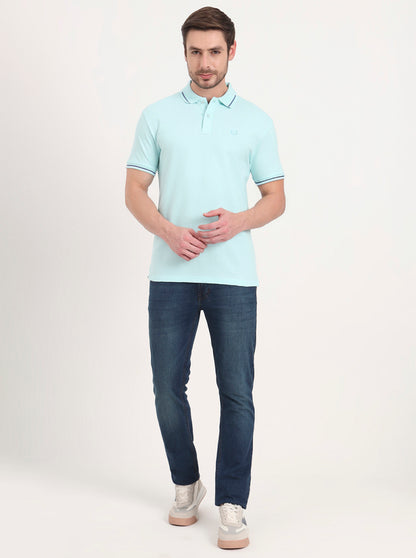 Aqua Blue Solid Slim Fit Polo T-Shirt | Greenfibre