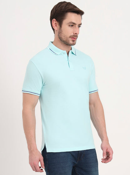 Aqua Blue Solid Slim Fit Polo T-Shirt | Greenfibre