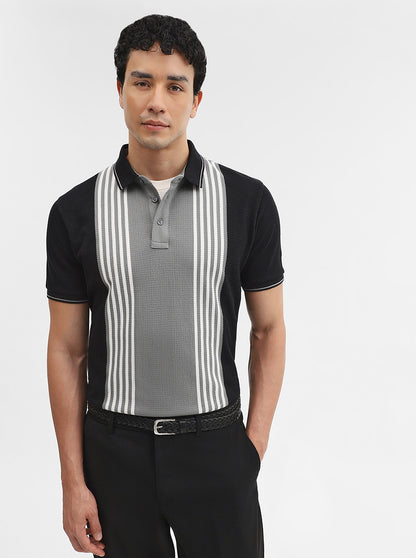 Black & Grey Striped Slim Fit Polo T-Shirt | JadeBlue