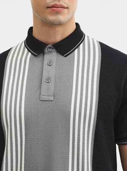 Black & Grey Striped Slim Fit Polo T-Shirt | JadeBlue