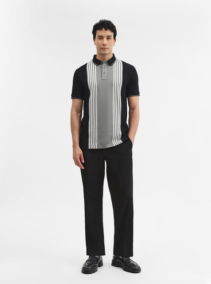 Black & Grey Striped Slim Fit Polo T-Shirt | JadeBlue