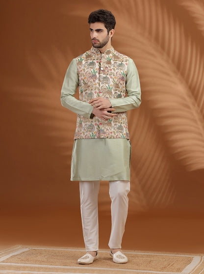 Off White Printed Bandhgala Jacket | TULA