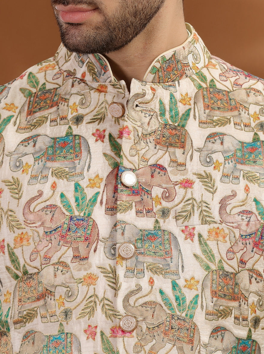 Off White Printed Bandhgala Jacket | TULA