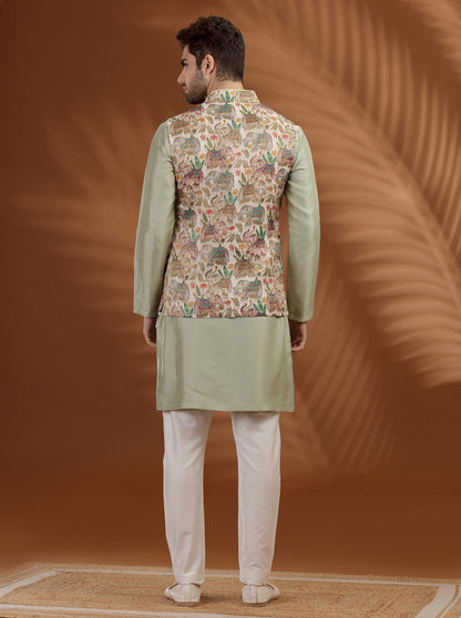 Off White Printed Bandhgala Jacket | TULA