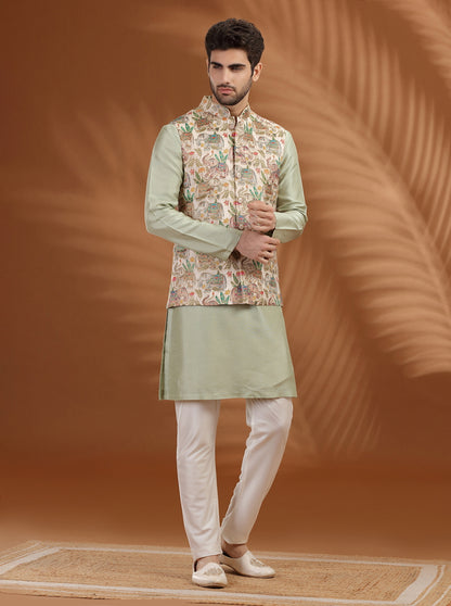 Off White Printed Bandhgala Jacket | TULA