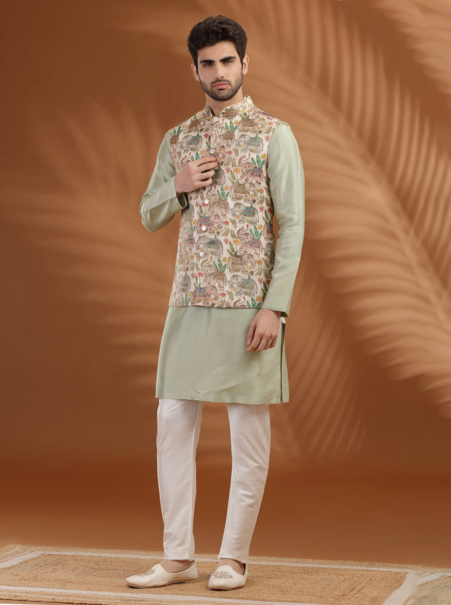 Off White Printed Bandhgala Jacket | TULA