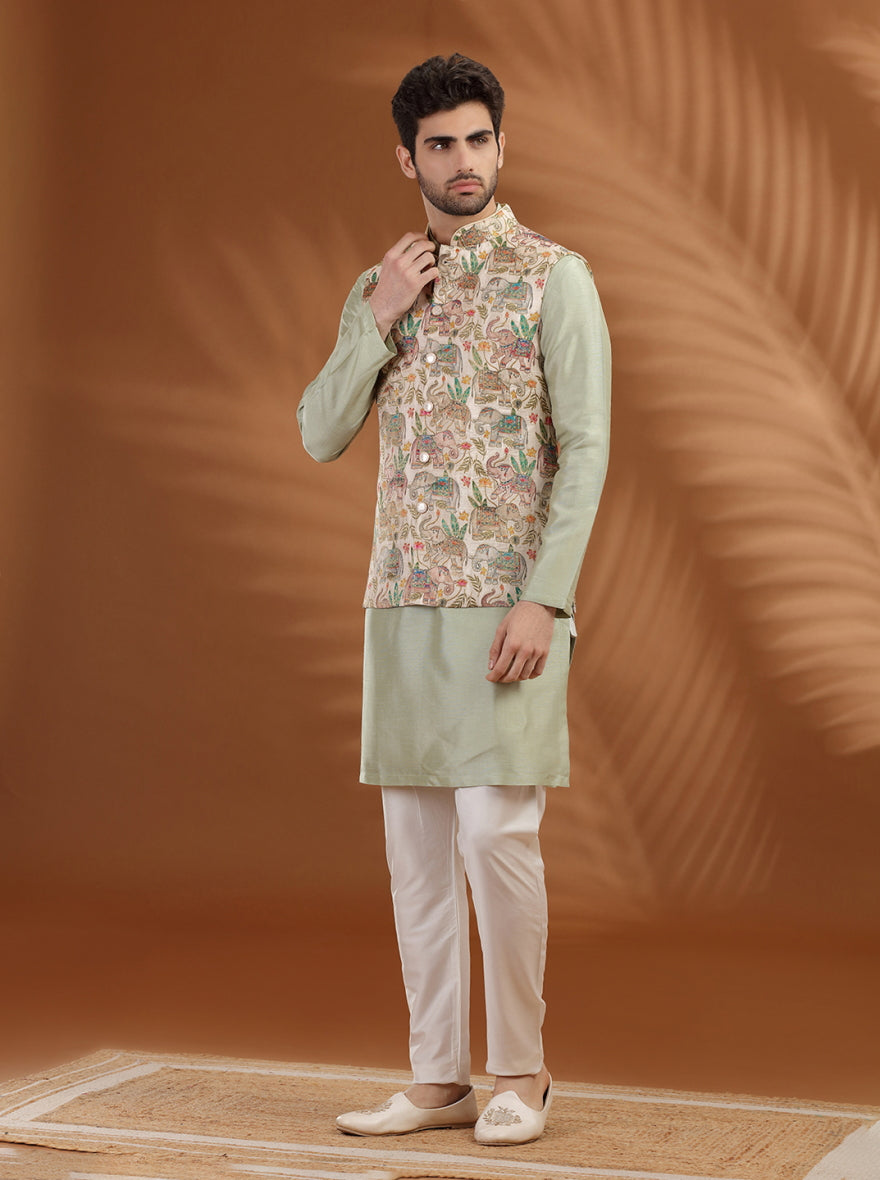 Off White Printed Bandhgala Jacket | TULA