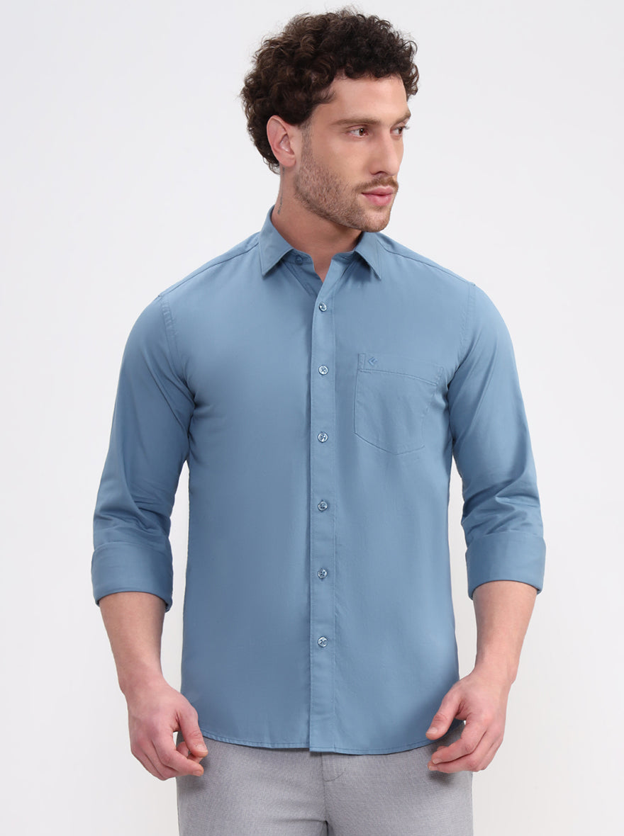 Blue Solid Smart Fit Semi Casual Shirt | Greenfibre