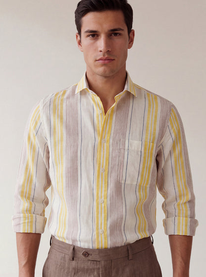 Yellow & White Striped Slim Fit Formal Shirt | JadeBlue