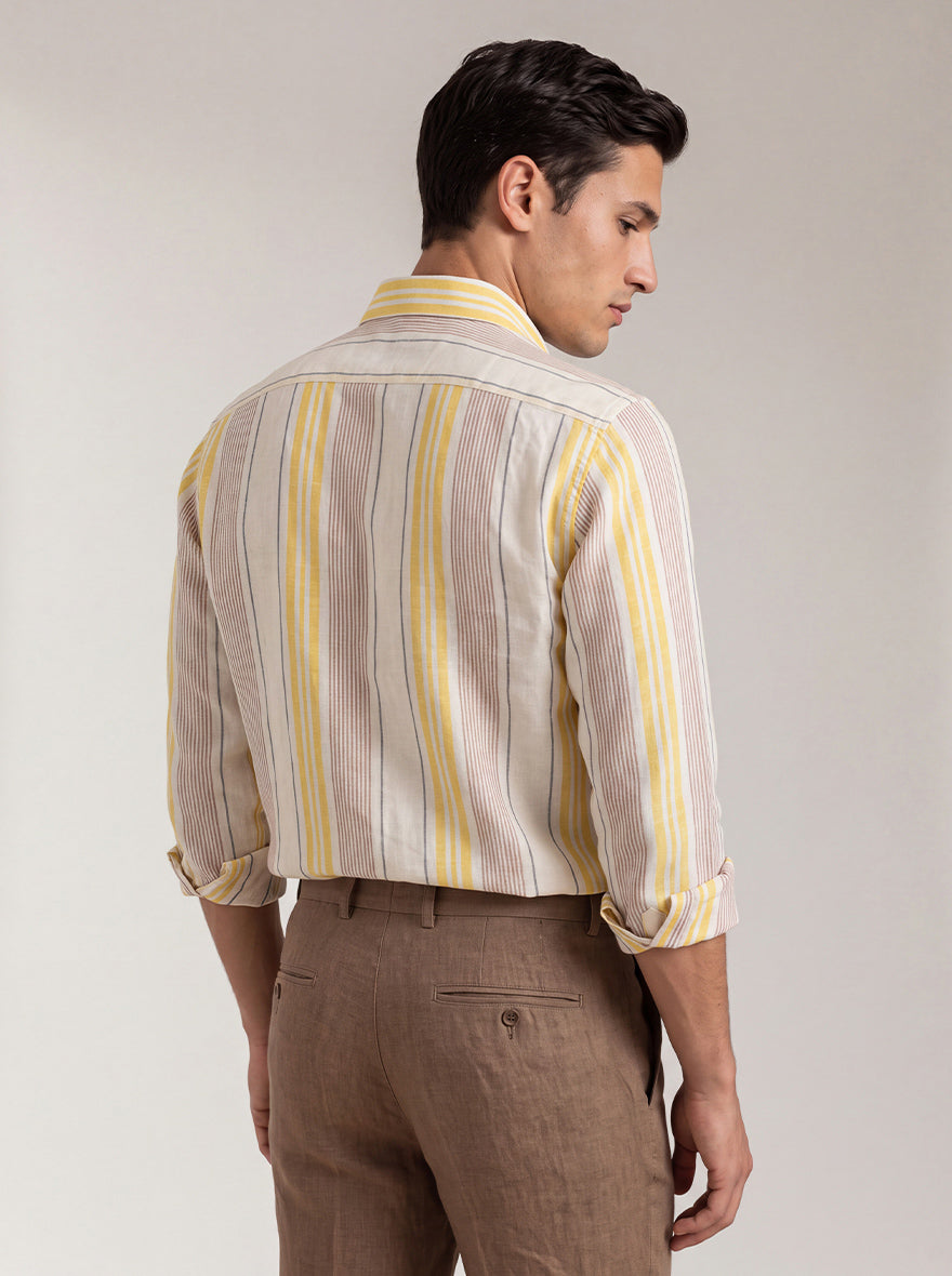 Yellow & White Striped Slim Fit Formal Shirt | JadeBlue