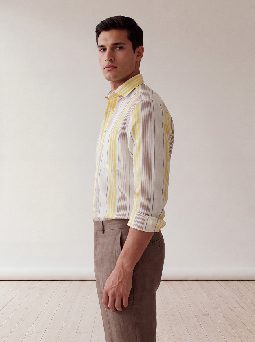Yellow & White Striped Slim Fit Formal Shirt | JadeBlue