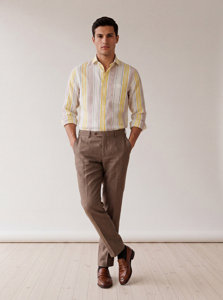 Yellow & White Striped Slim Fit Formal Shirt | JadeBlue