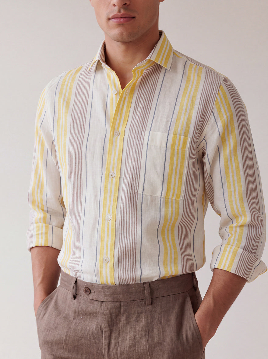 Yellow & White Striped Slim Fit Formal Shirt | JadeBlue