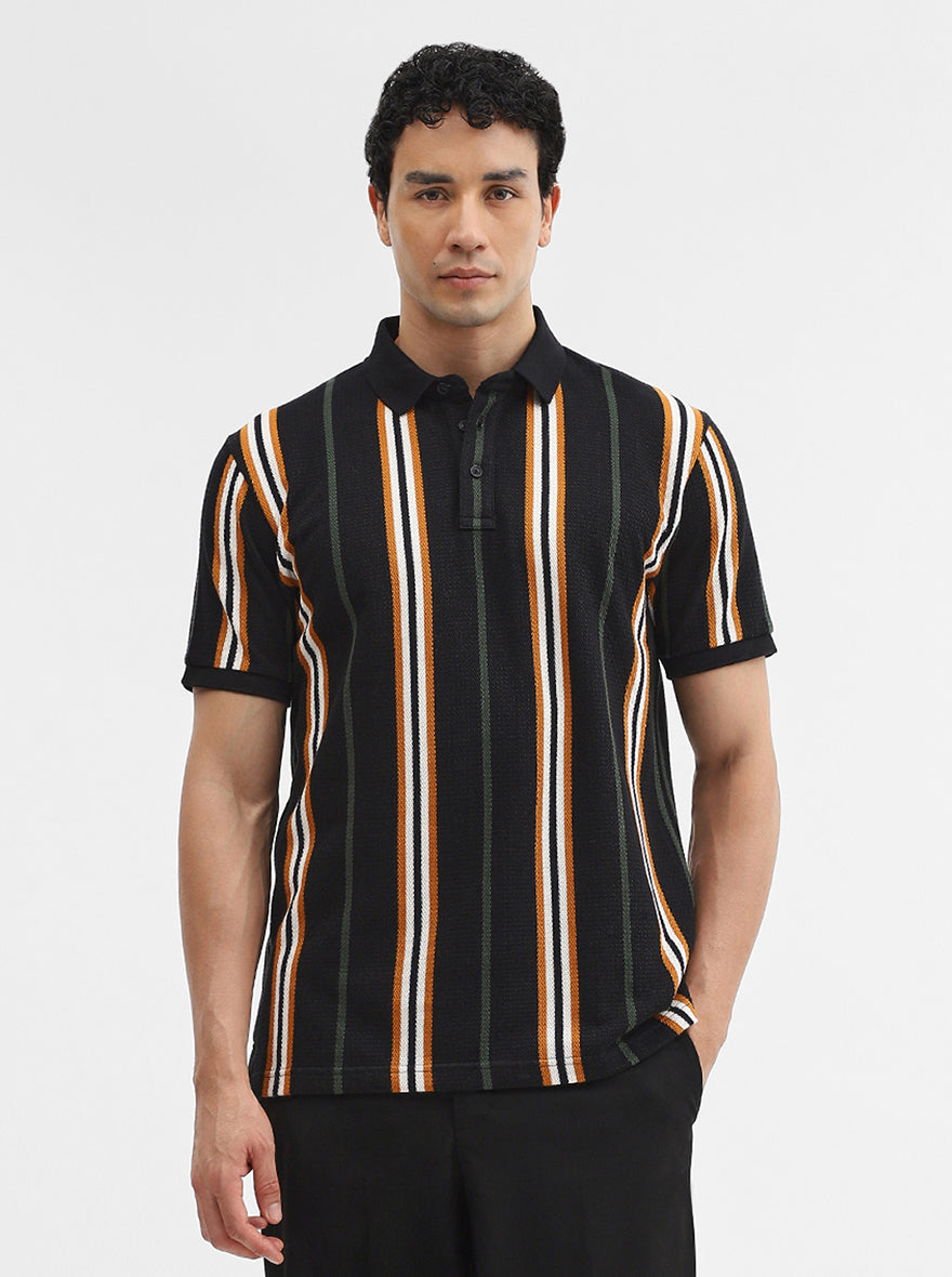 Navy & Mustard Striped Slim Fit Polo T-Shirt | JadeBlue