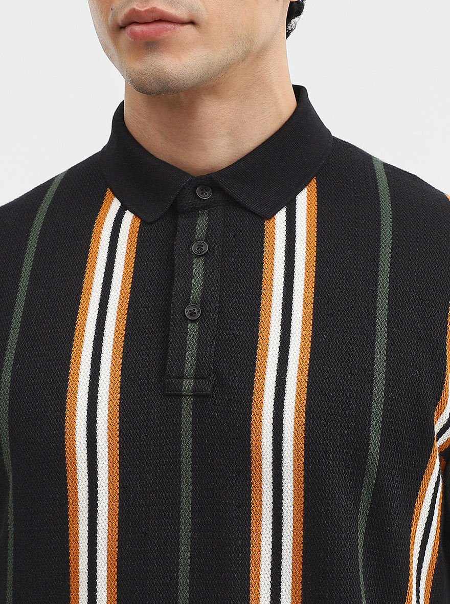 Navy & Mustard Striped Slim Fit Polo T-Shirt | JadeBlue