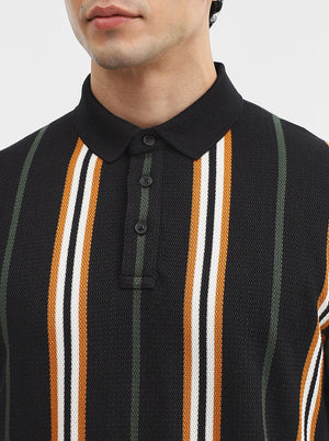 Navy & Mustard Striped Slim Fit Polo T-Shirt | JadeBlue