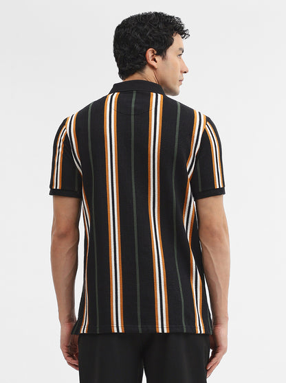 Navy & Mustard Striped Slim Fit Polo T-Shirt | JadeBlue