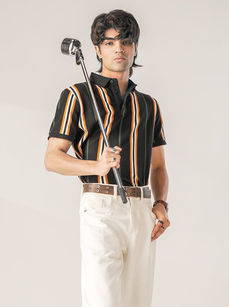 Navy & Mustard Striped Slim Fit Polo T-Shirt | JadeBlue