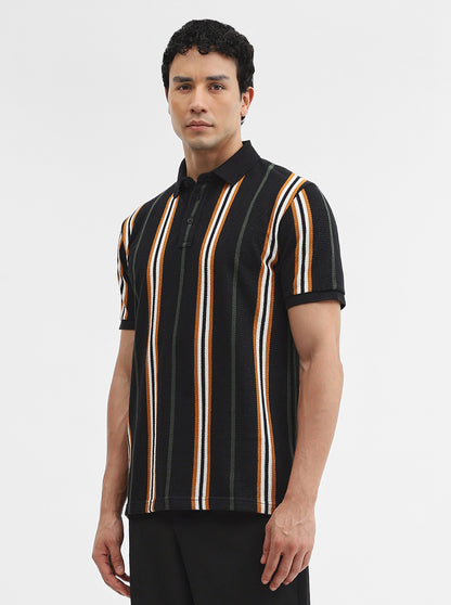 Navy & Mustard Striped Slim Fit Polo T-Shirt | JadeBlue