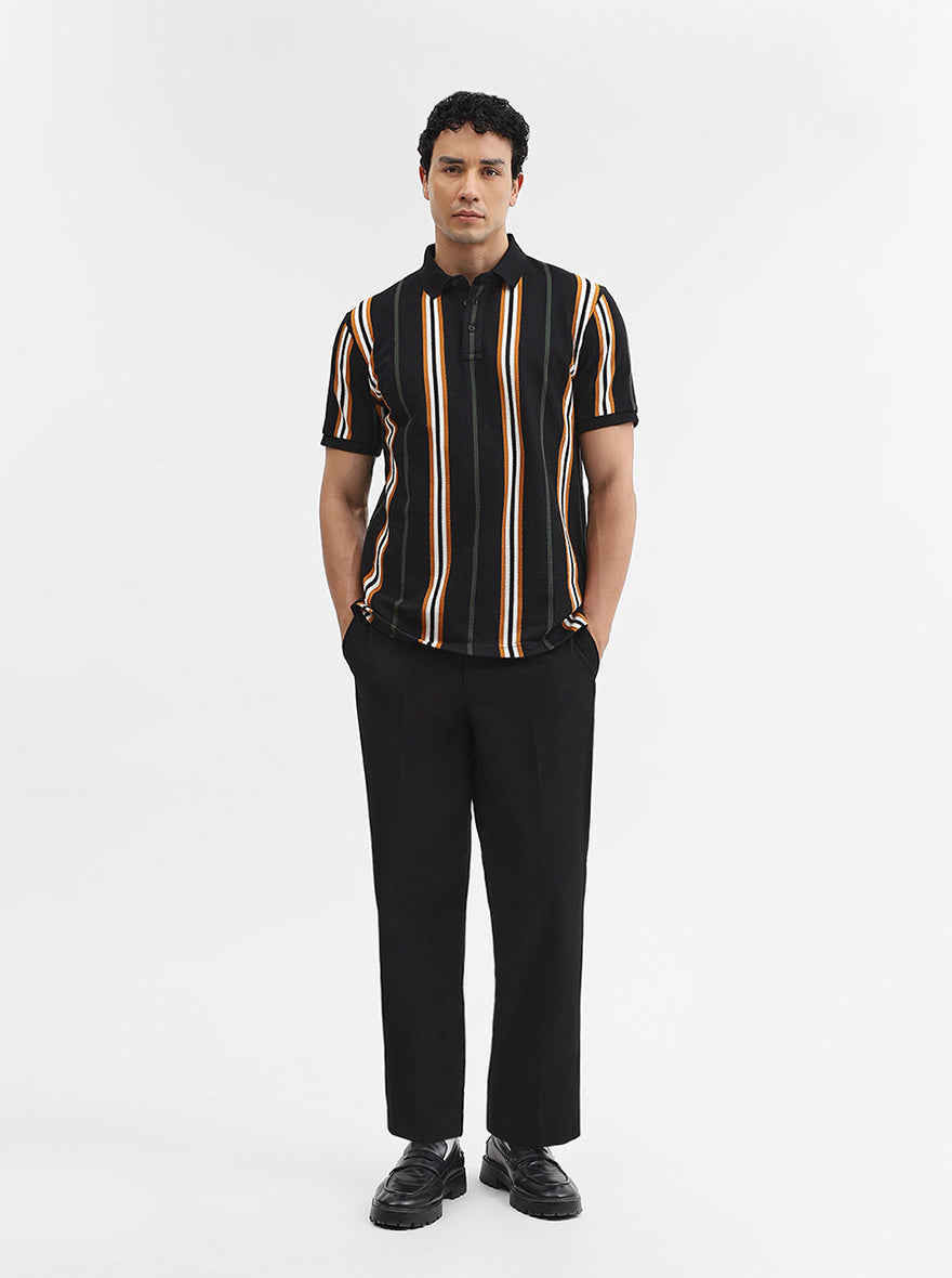 Navy & Mustard Striped Slim Fit Polo T-Shirt | JadeBlue