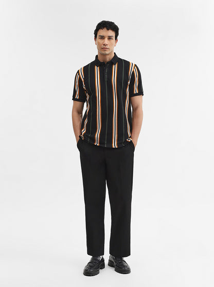 Navy & Mustard Striped Slim Fit Polo T-Shirt | JadeBlue