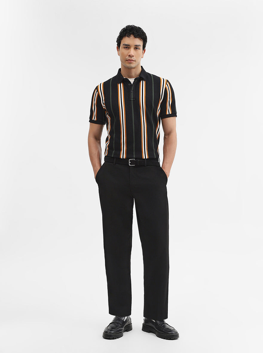 Navy & Mustard Striped Slim Fit Polo T-Shirt | JadeBlue