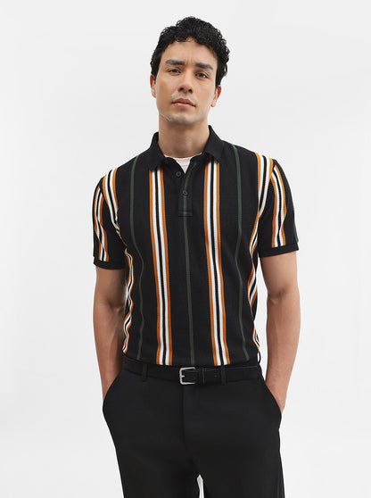 Navy & Mustard Striped Slim Fit Polo T-Shirt | JadeBlue