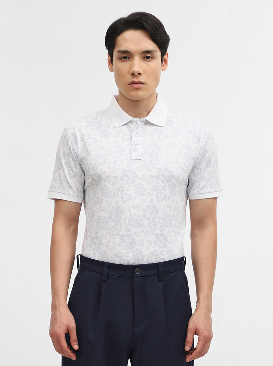 White Printed Slim Fit Polo T-Shirt | JadeBlue