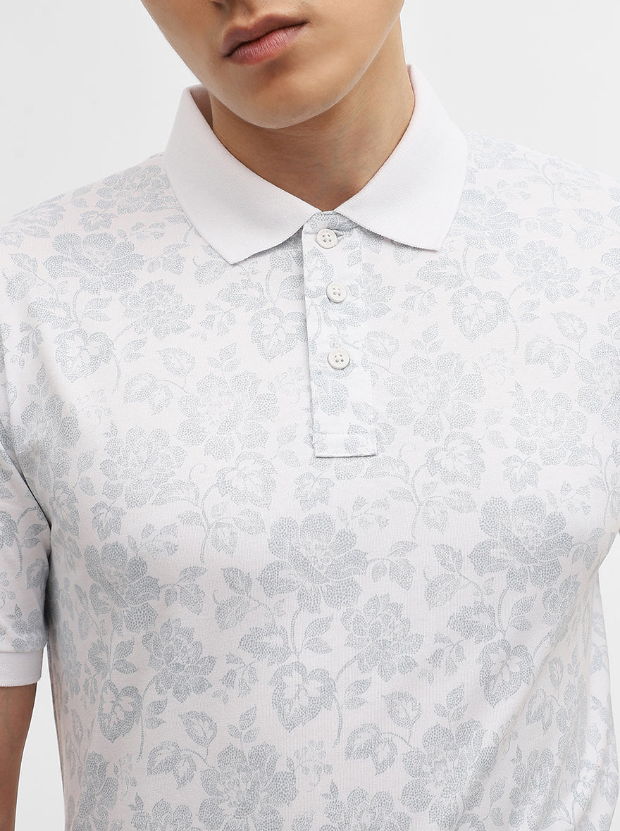 White Printed Slim Fit Polo T-Shirt | JadeBlue